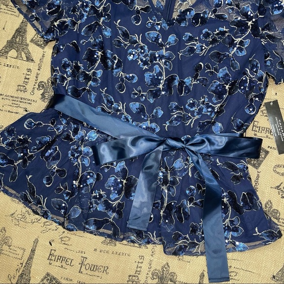 Tahari Arthur S. Levine NWT! Navy/Gold Floral Embroidery Sequins Blouse Size L - Picture 11 of 17